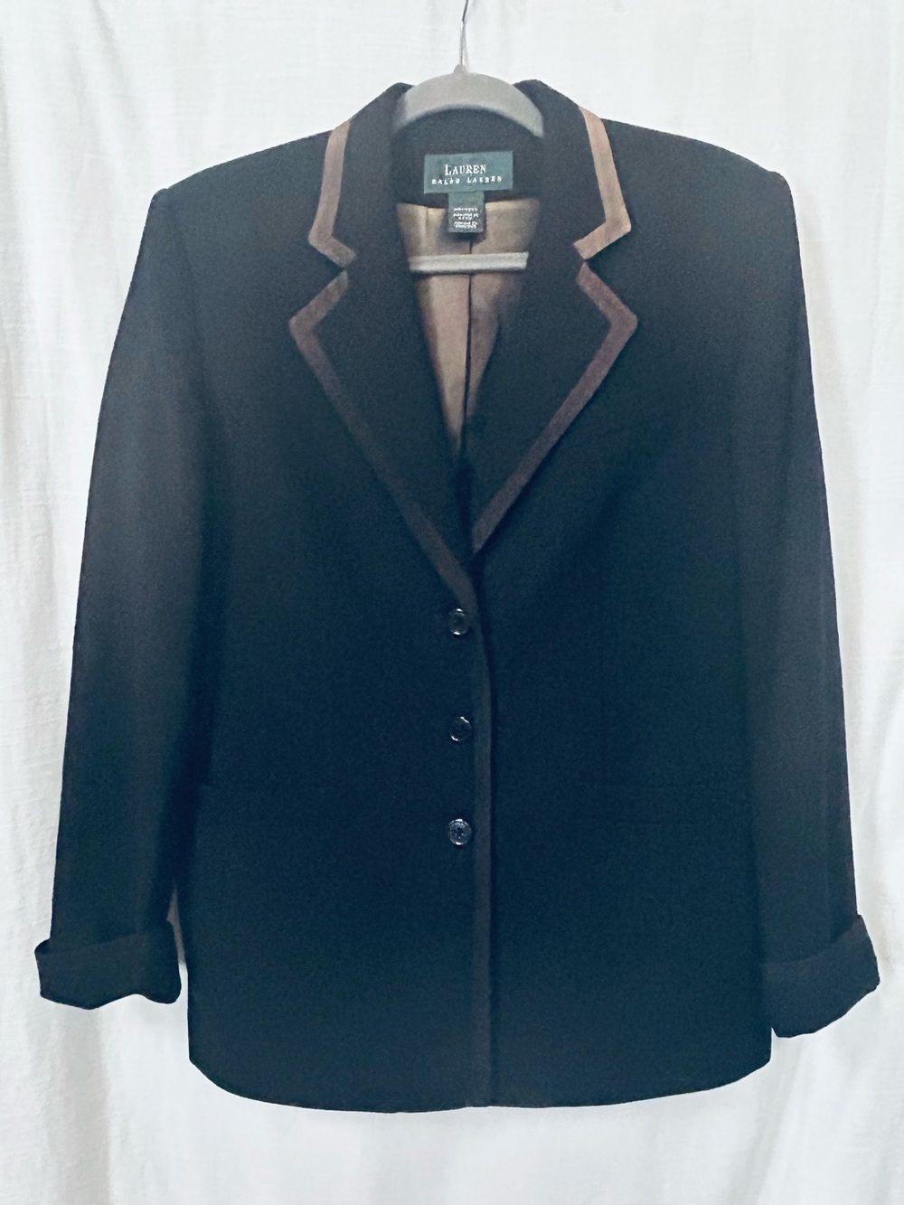 Ralph Lauren Classic Preppy Collegiate 100% Wool Black Blazer w/Ombre Brown Trim
